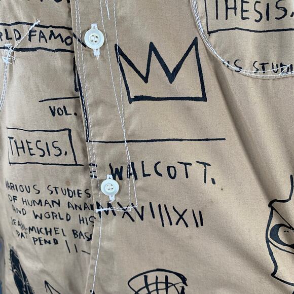 Size M Tan Black Graffiti Cotton Two Pockets Long Sleeve Shirt - Picture 7 of 13